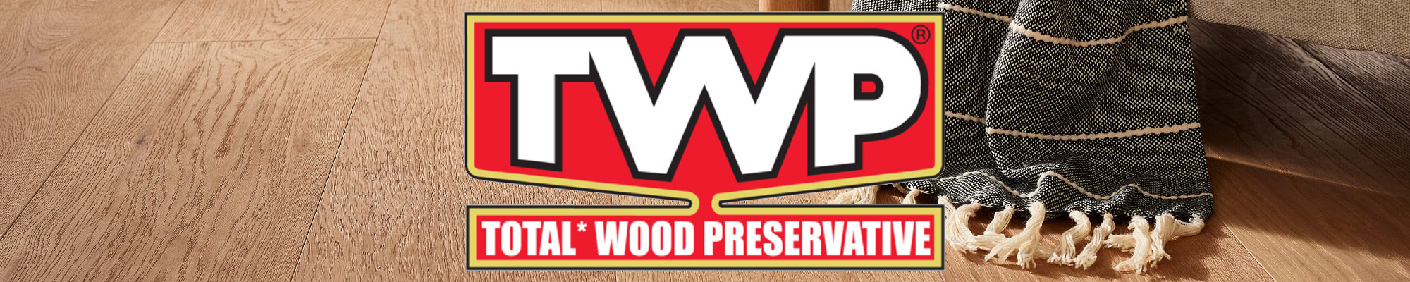 TWP Stains & Deck Preservers Logo Banner on Hardwood Background